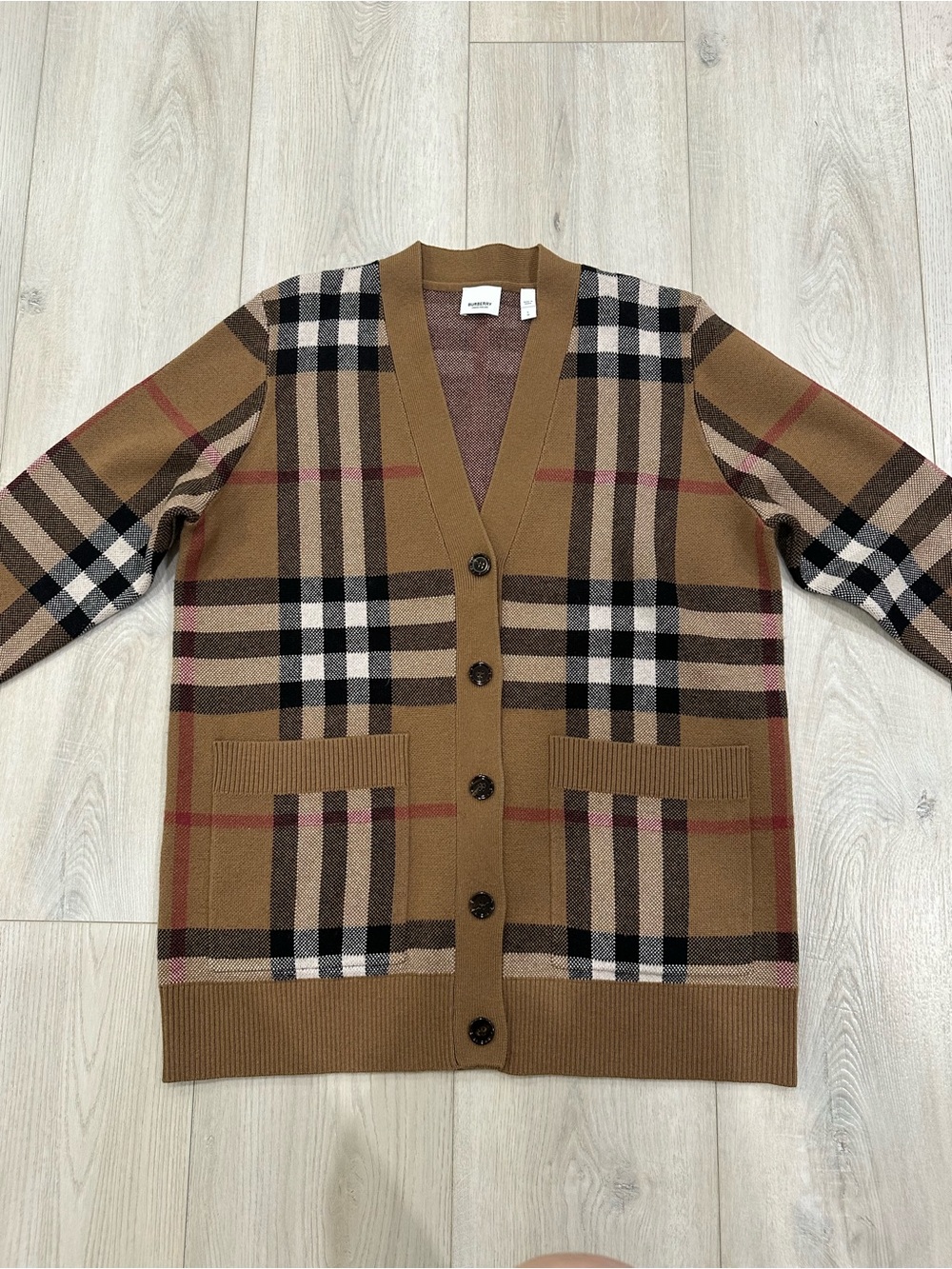 Burberry Check Wool Cashmere Oversized Cardigan Birch Brown L